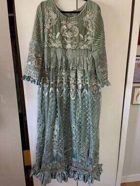 Pastel green net maxi South Asian (Indian/Pakistani) Formal Dress with sash